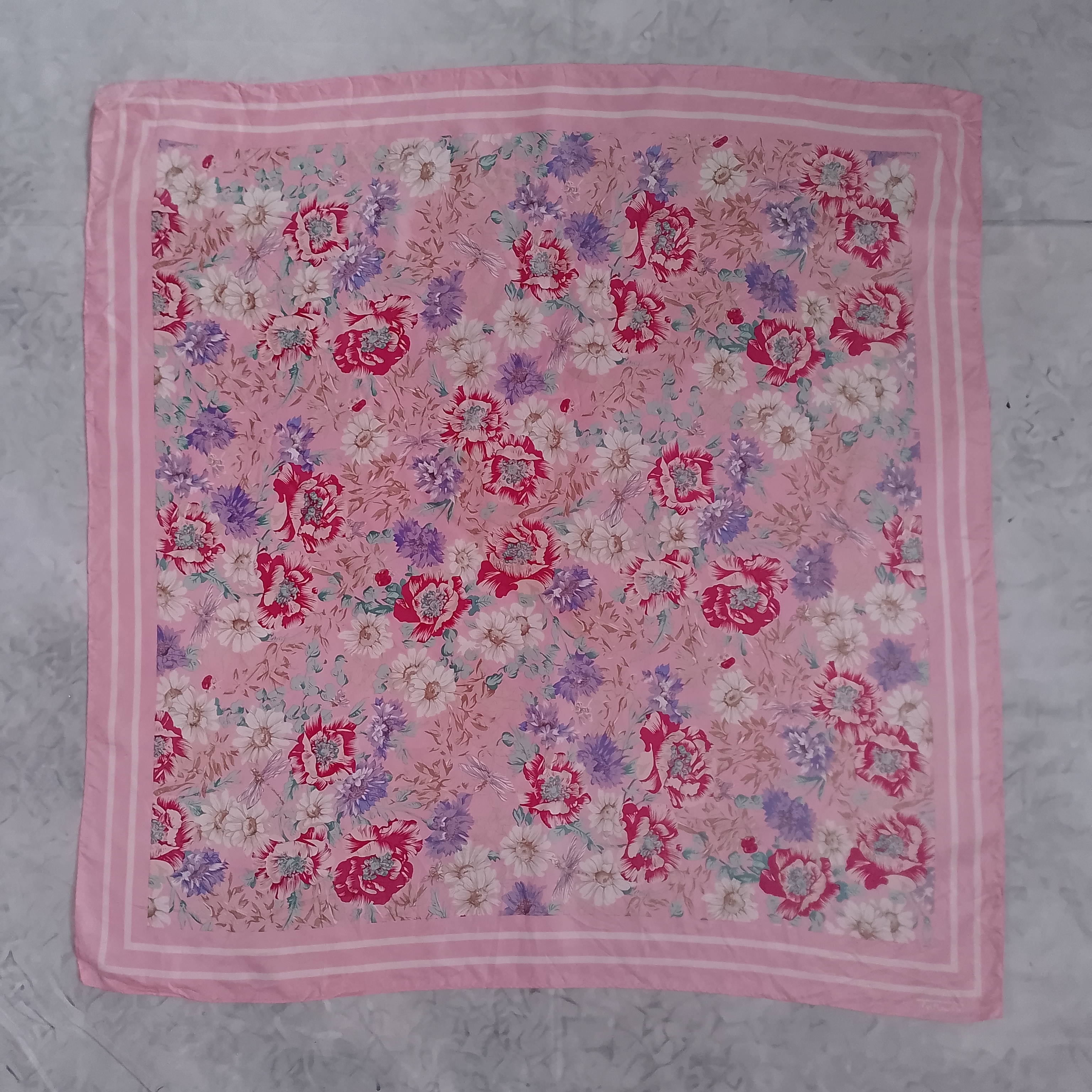 Vintage Talbots Floral Pink Square Silk Scarf Made In Japan Bugs/Bees/Dragonfly